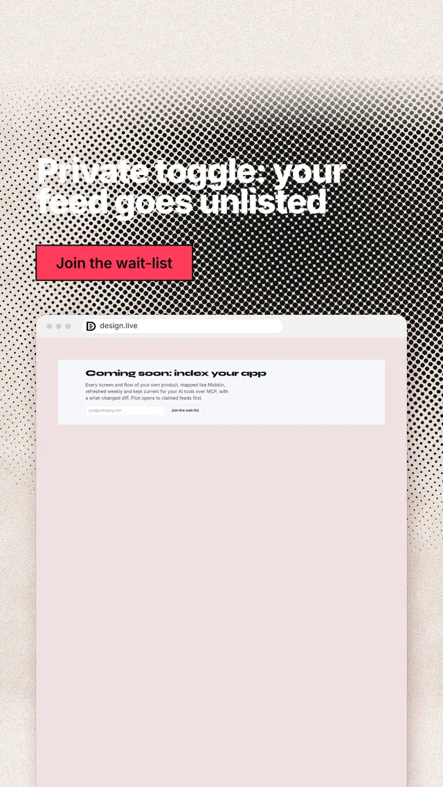 Instagram story for design.live: "Private toggle: your feed goes unlisted". Ink sticker style, browser layout, light palette in red, grey, white.