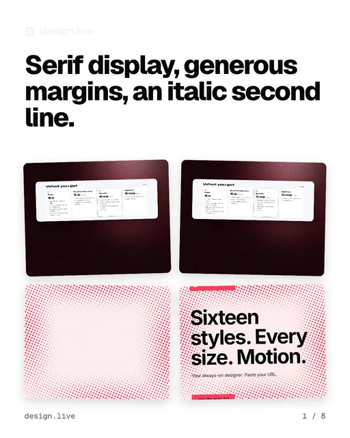 Carousel for design.live: "Serif display, generous margins, an italic second line.". Collection carousel, 8 slides, light palette.