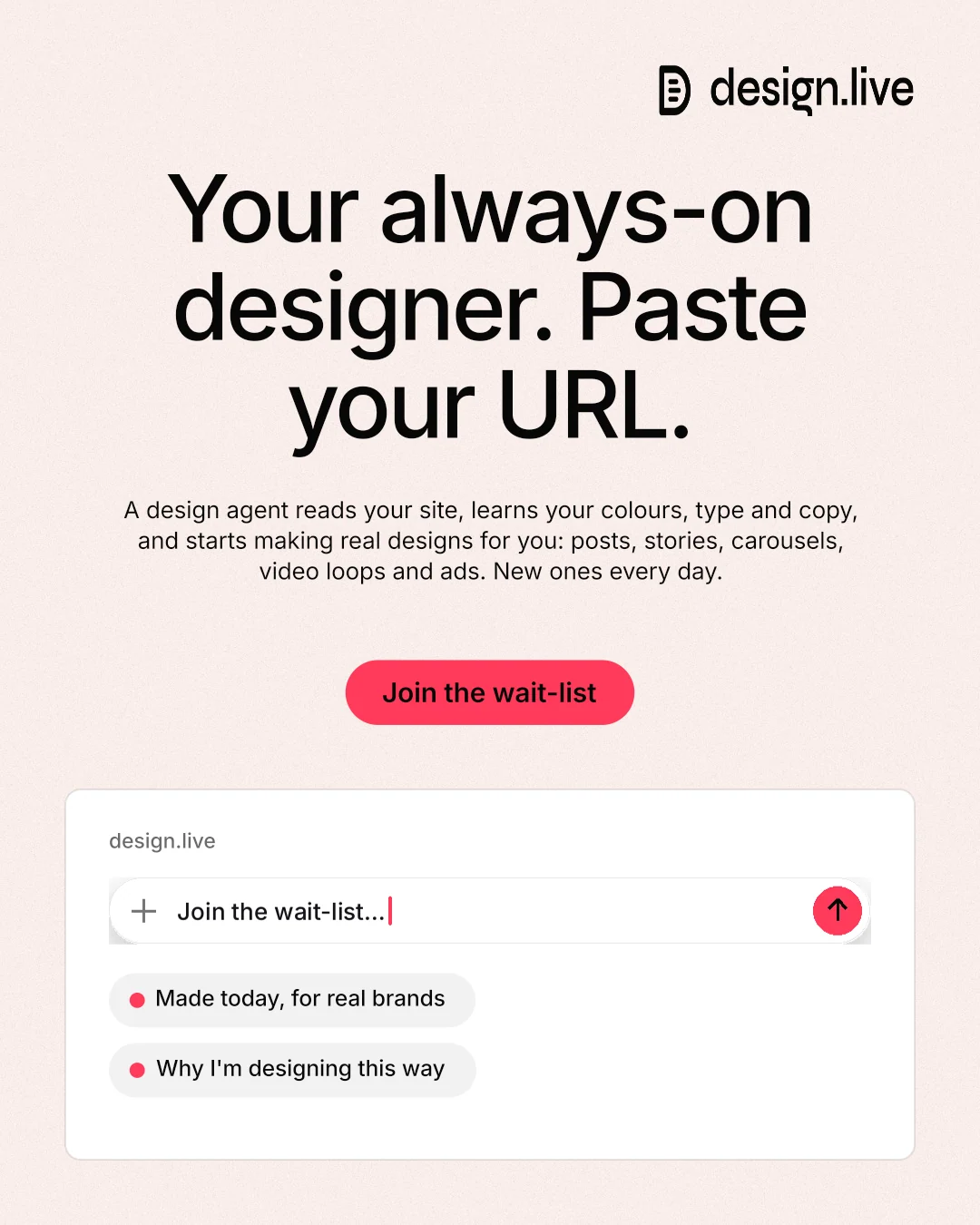 Instagram portrait post for design.live: "Your always-on designer. Paste your URL." Data card style, centred layout, light palette in white, grey.
