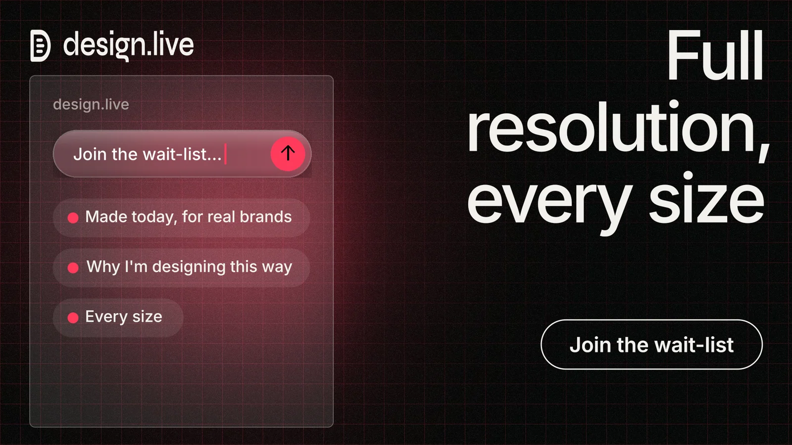 Landscape graphic for design.live: "Full resolution, every size". Phosphor atlas style, right layout, dark palette in red, grey, black.