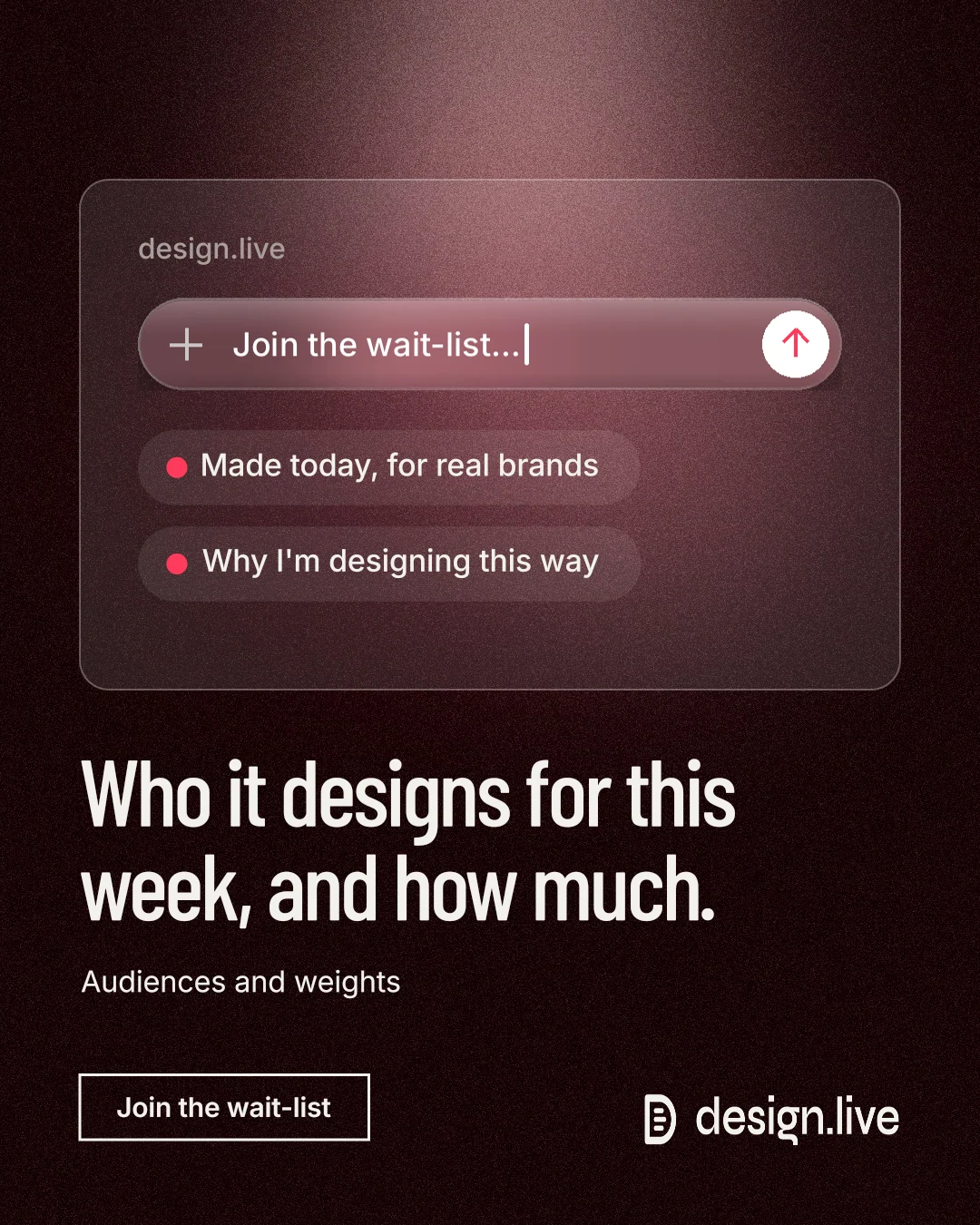 Instagram portrait post for design.live: "Who it designs for this week, and how much." Dark deco style, bottom layout, dark palette in red, black, grey.