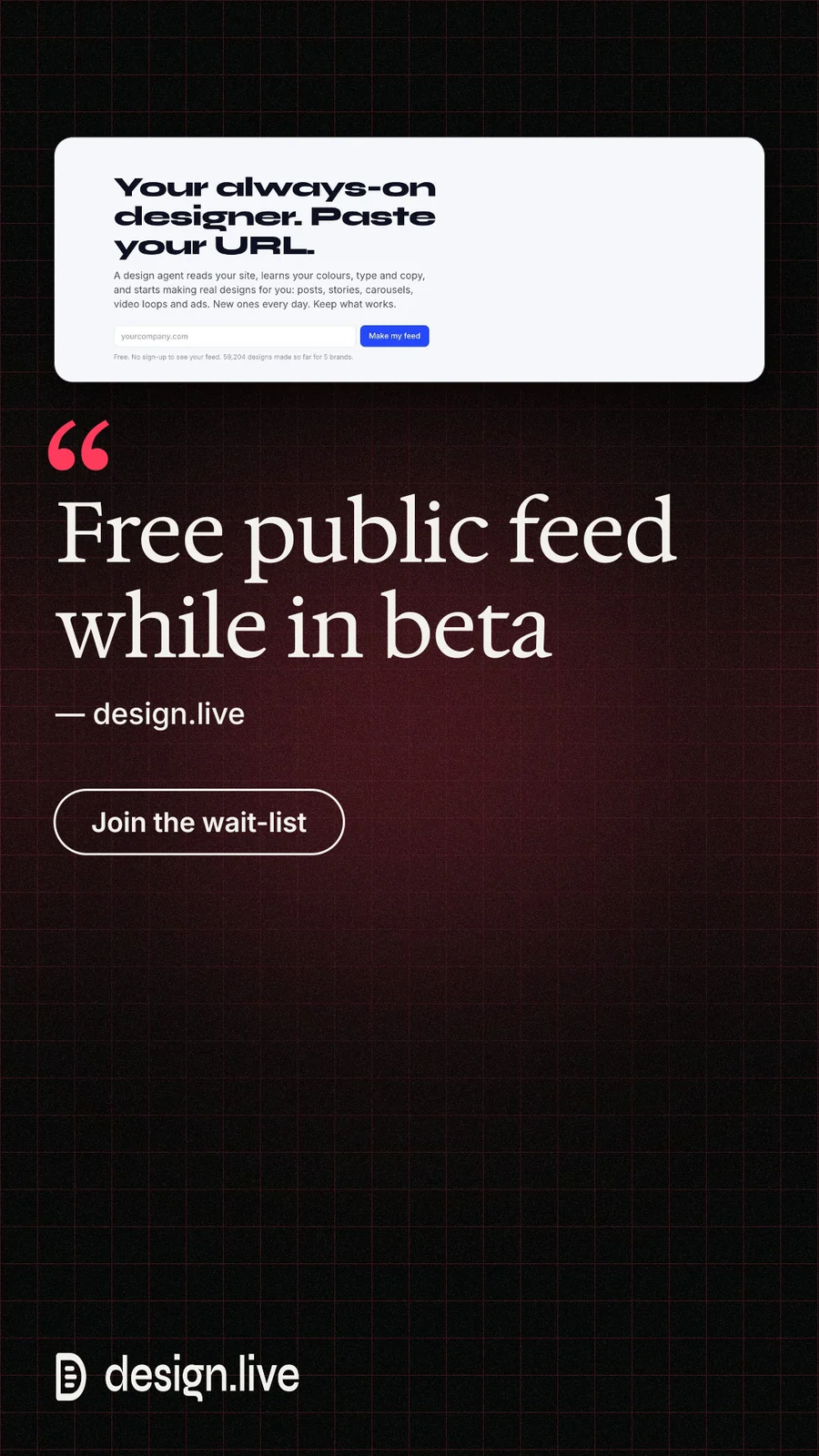 Instagram story for design.live: "Free public feed while in beta". Phosphor atlas style, quote layout, dark palette in black, white, grey.