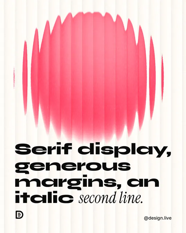Instagram portrait post for design.live: "Serif display, generous margins, an italic second line." Auto 4x5 style, technique:shader field layout, light palette in red, white.