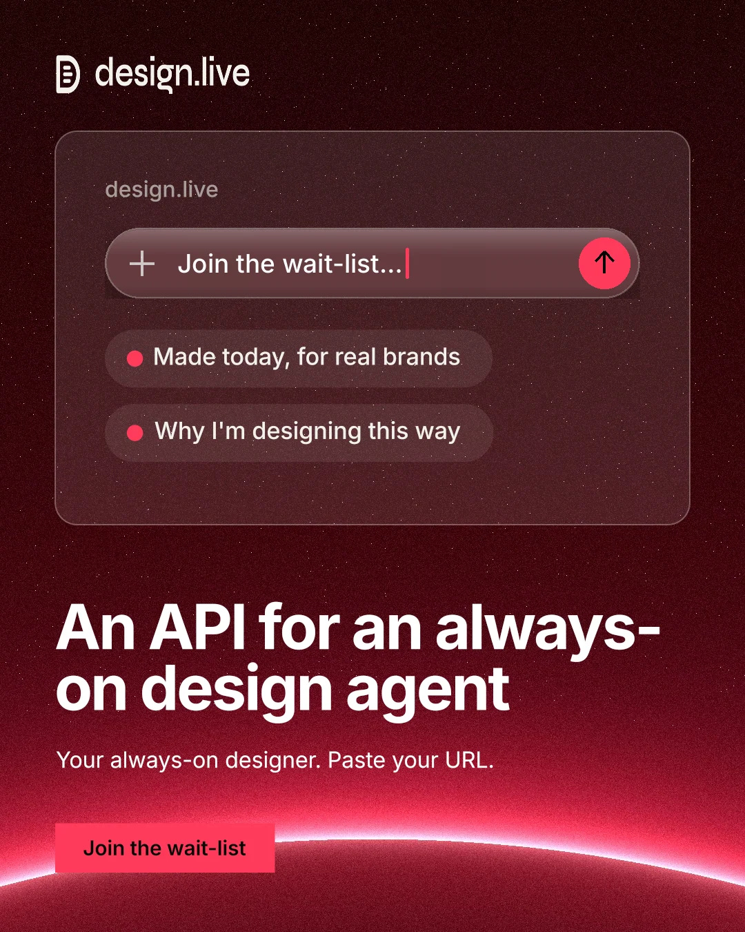 Instagram portrait post for design.live: "An API for an always-on design agent". Swiss style, bottom layout, dark palette in red, black.
