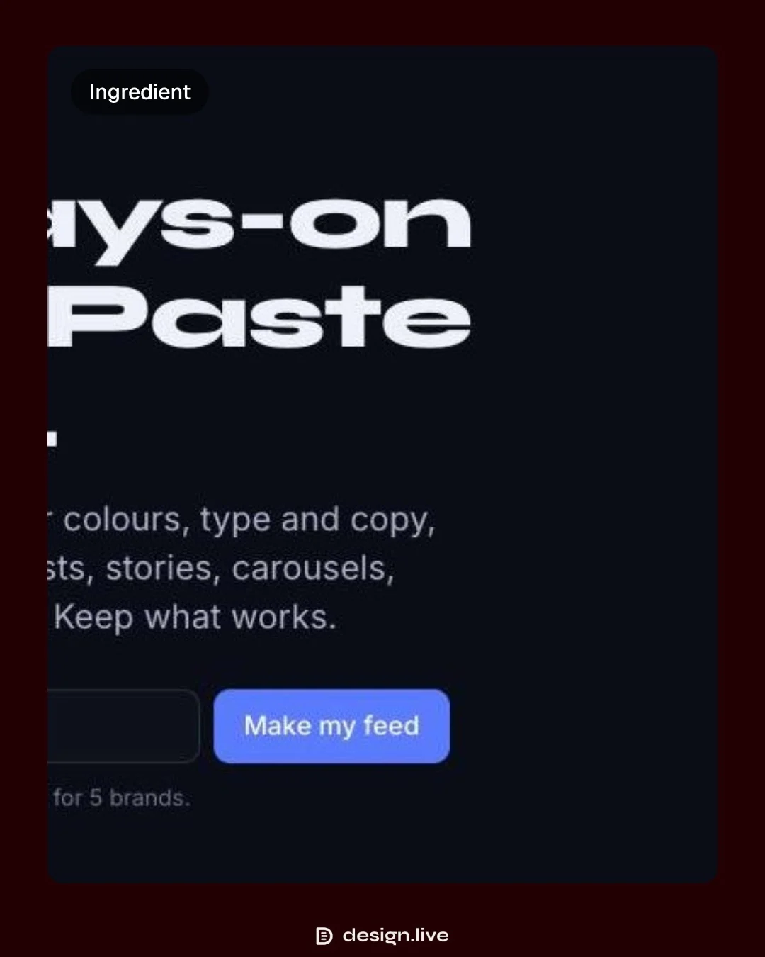 Video for design.live: "Keep, skip, mark useful; edit the direction in chat". Before after wipe, 6.0 s, dark palette.
