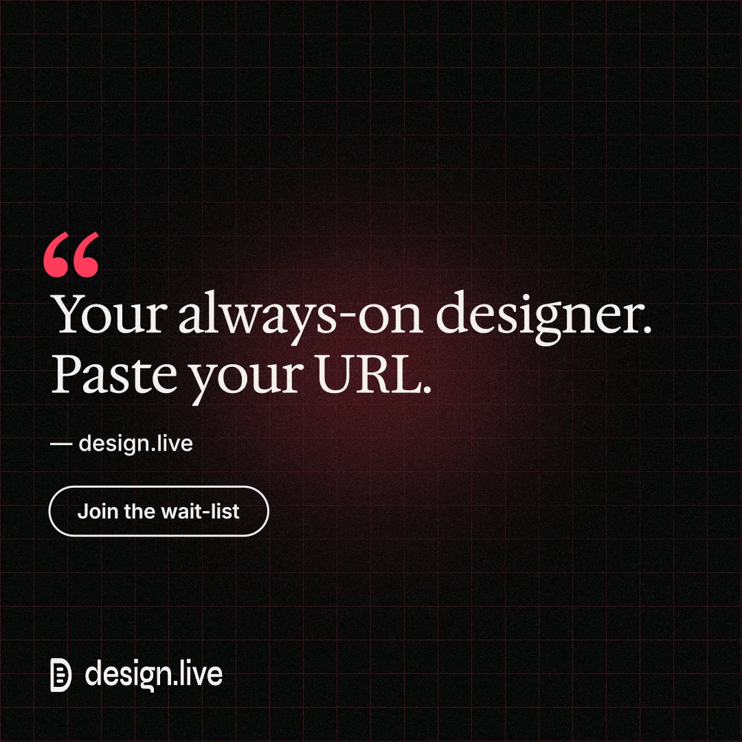 Instagram post for design.live: "Your always-on designer. Paste your URL." Phosphor atlas style, quote layout, dark palette in black.