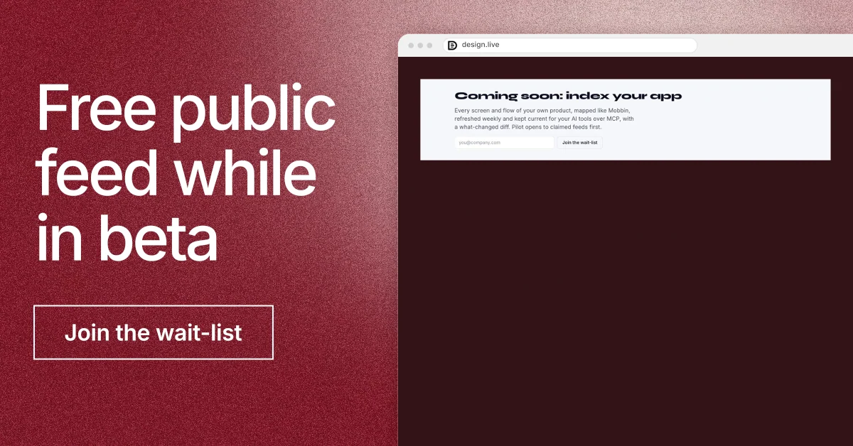 Social ad for design.live: "Free public feed while in beta". Cyanotype style, browser layout, dark palette in red.