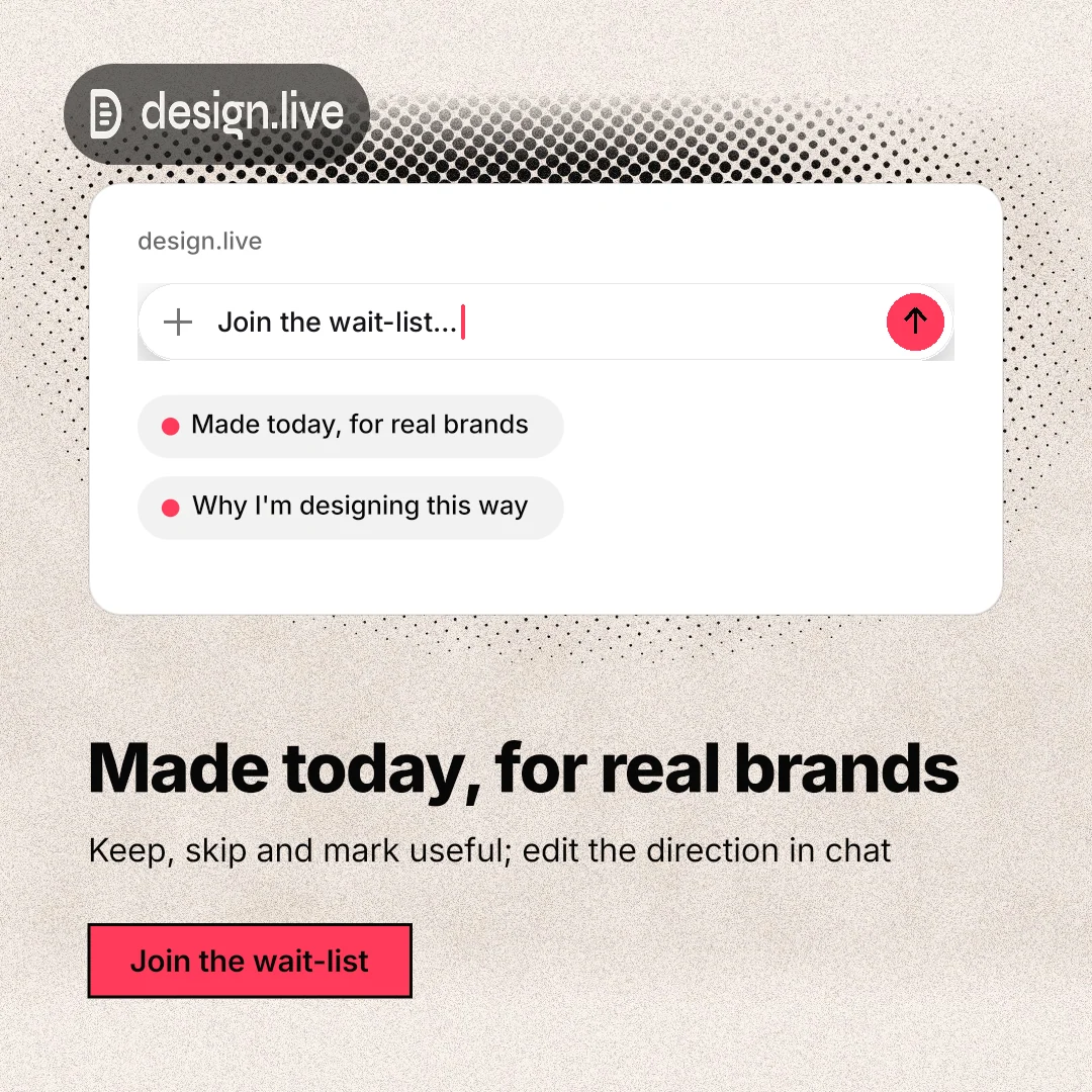Instagram post for design.live: "Made today, for real brands". Ink sticker style, bottom layout, light palette in orange, white, grey.