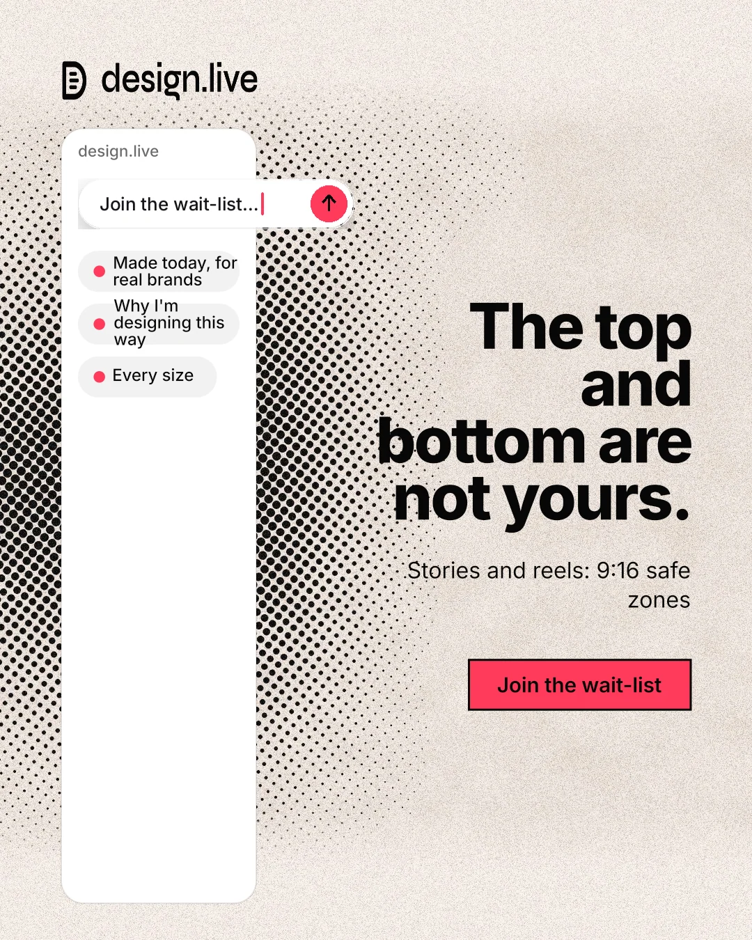 Instagram portrait post for design.live: "The top and bottom are not yours." Ink sticker style, right layout, light palette in orange, white, grey.