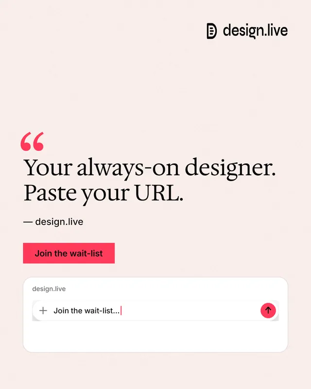 Instagram portrait post for design.live: "Your always-on designer. Paste your URL." Swiss style, quote layout, light palette in white, red.