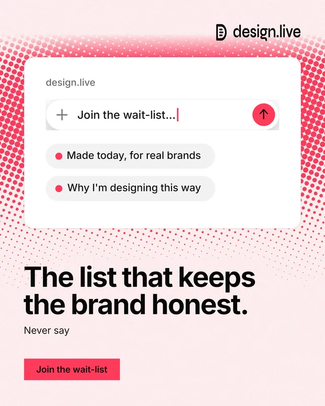 Instagram portrait post for design.live: "The list that keeps the brand honest." Swiss style, bottom layout, light palette in white, red.