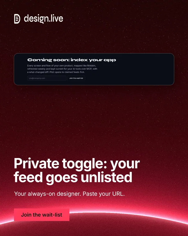 Instagram portrait post for design.live: "Private toggle: your feed goes unlisted". Swiss style, bottom layout, dark palette in black, red.