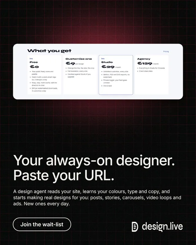 Instagram portrait post for design.live: "Your always-on designer. Paste your URL." Phosphor atlas style, bottom layout, dark palette in red, white, black.