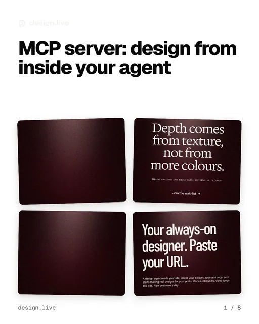 Carousel for design.live: "MCP server: design from inside your agent". Collection carousel, 8 slides, light palette.