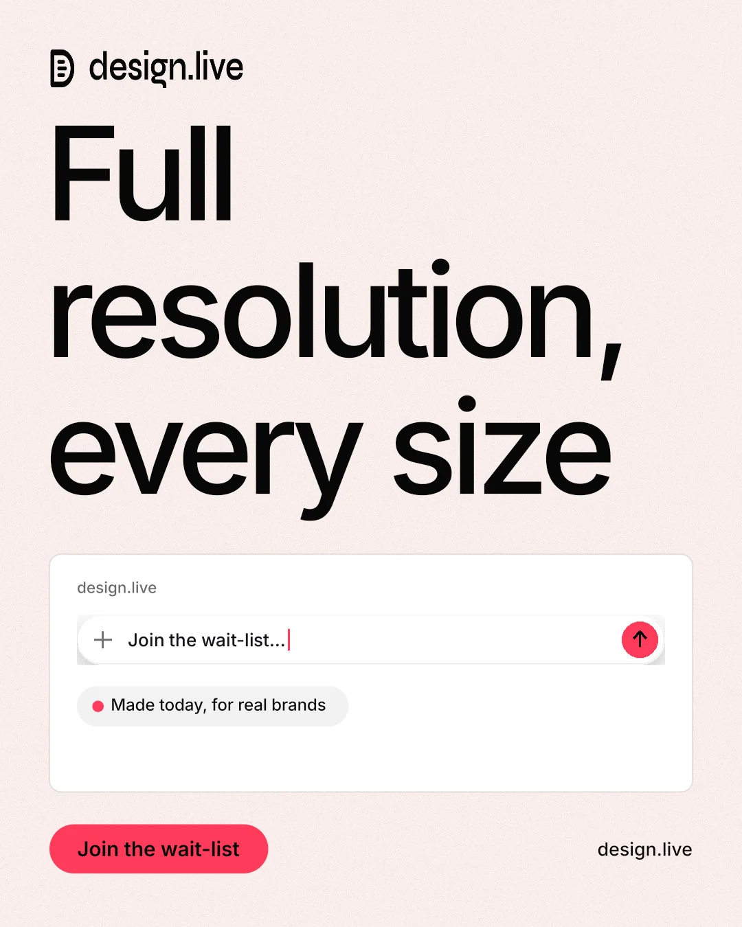 Instagram portrait post for design.live: "Full resolution, every size". Data card style, poster layout, light palette in white, grey.