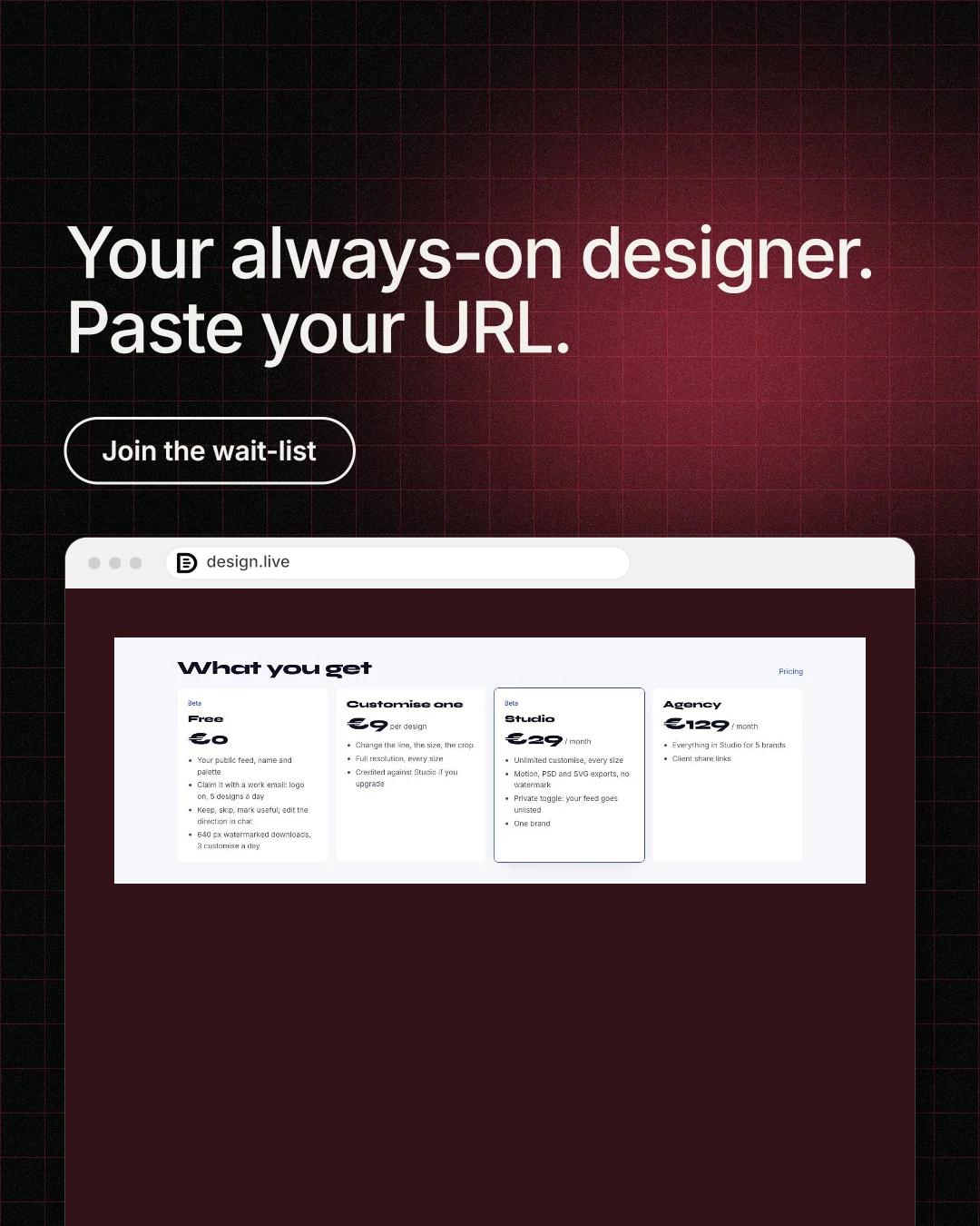 Instagram portrait post for design.live: "Your always-on designer. Paste your URL." Phosphor atlas style, browser layout, dark palette in red, black, white.
