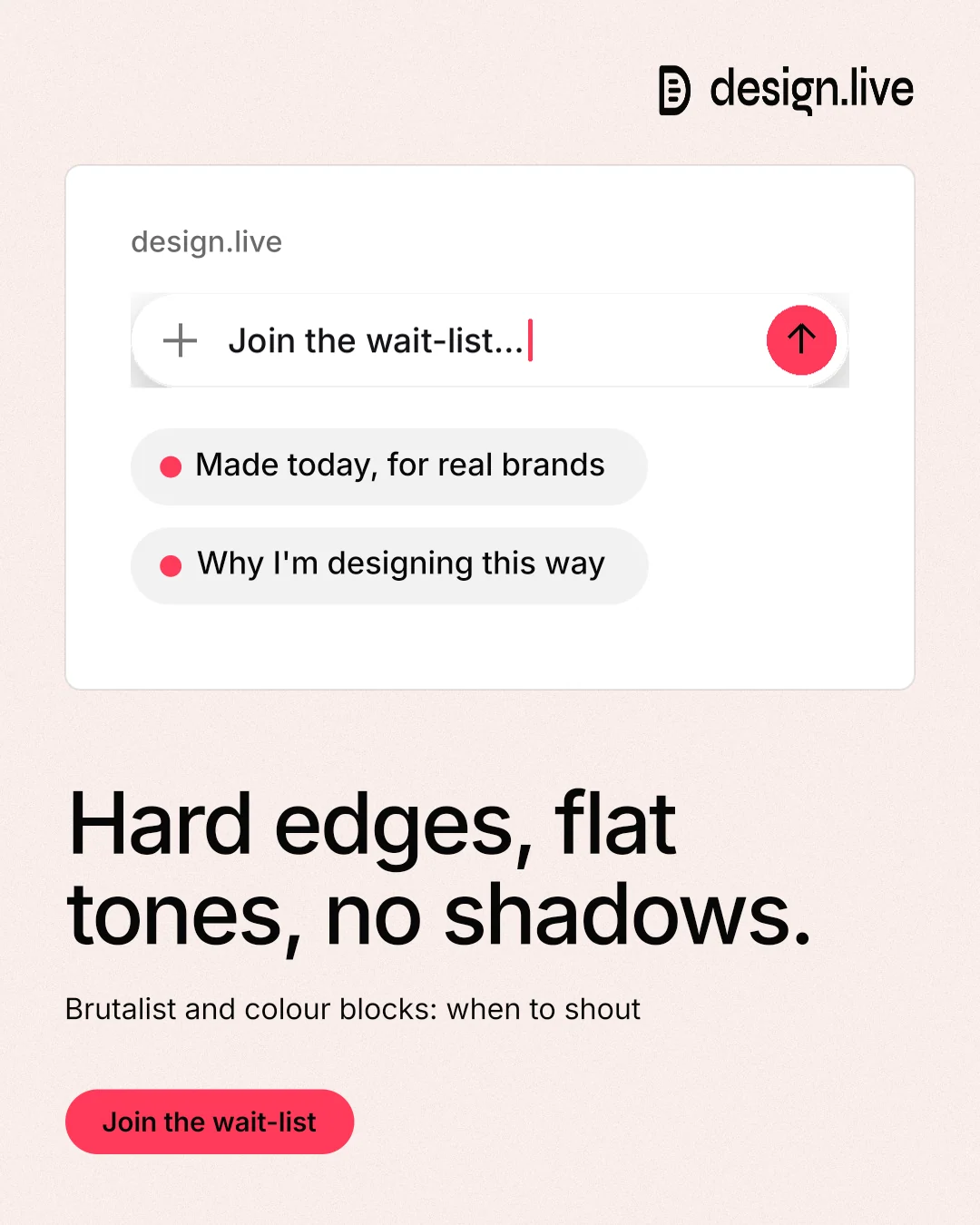 Instagram portrait post for design.live: "Hard edges, flat tones, no shadows." Data card style, bottom layout, light palette in white, red.