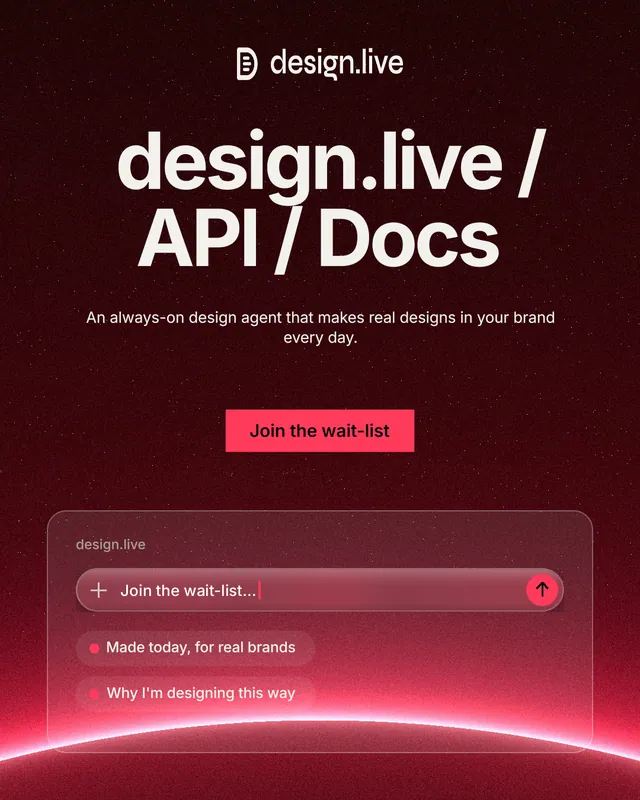 Instagram portrait post for design.live: "design.live / API / Docs". Swiss style, centred layout, dark palette in red, black.