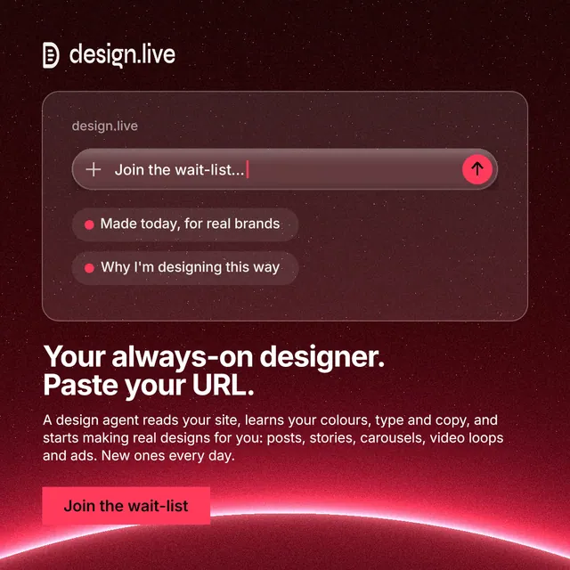Instagram post for design.live: "Your always-on designer. Paste your URL." Swiss style, bottom layout, dark palette in red, black.