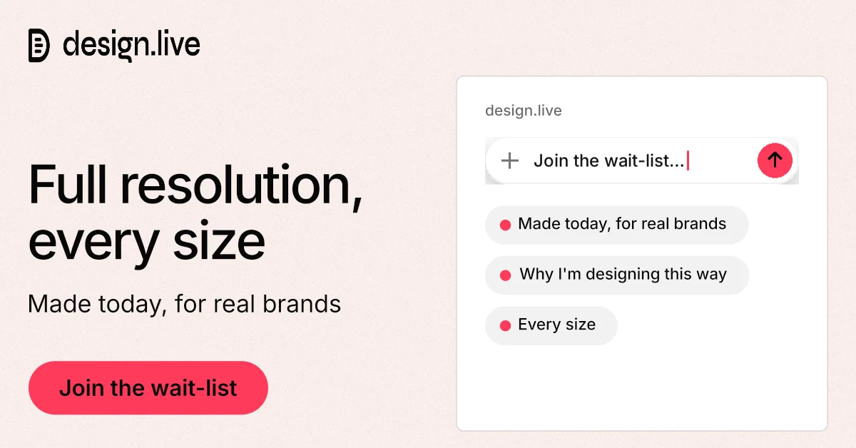 Social ad for design.live: "Full resolution, every size". Data card style, bottom layout, light palette in white, red.
