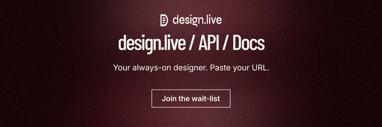 X header for design.live: "design.live / API / Docs". Dark deco style, centred layout, dark palette in black, red, grey.
