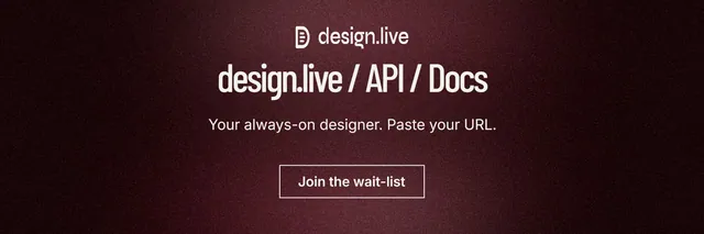 X header for design.live: "design.live / API / Docs". Dark deco style, centred layout, dark palette in black, red, grey.