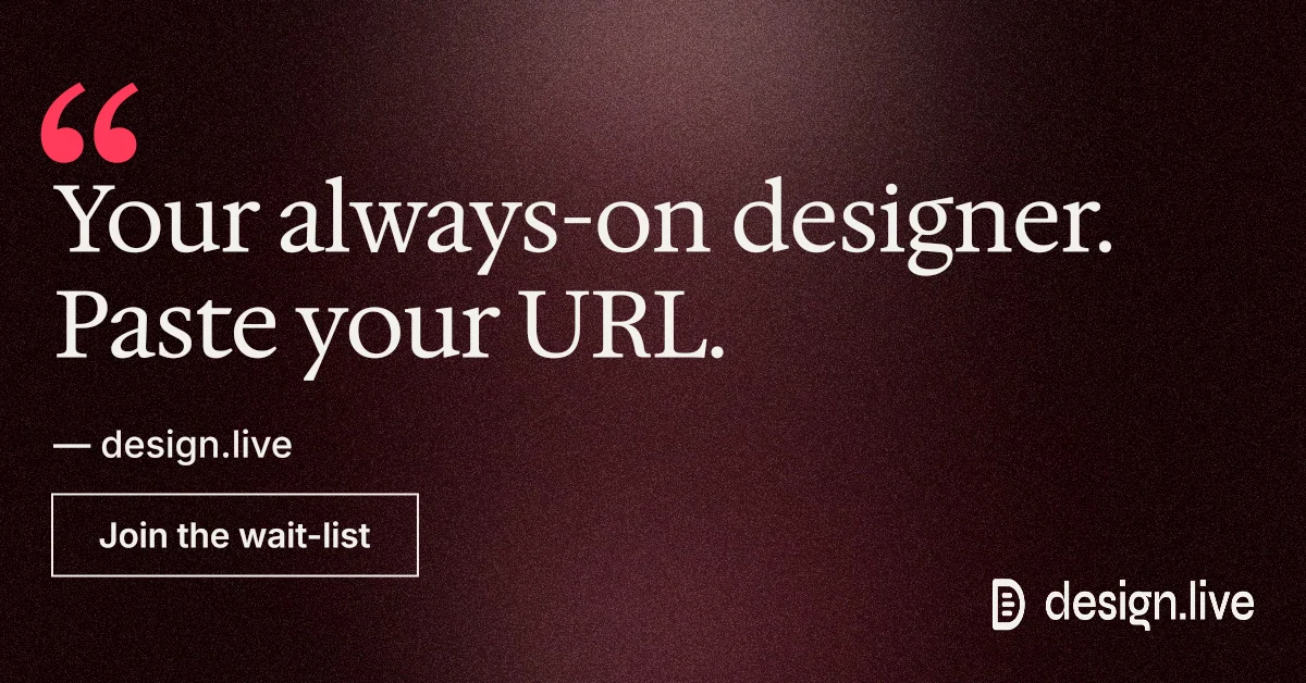 Social ad for design.live: "Your always-on designer. Paste your URL." Dark deco style, quote layout, dark palette in red, black, grey.