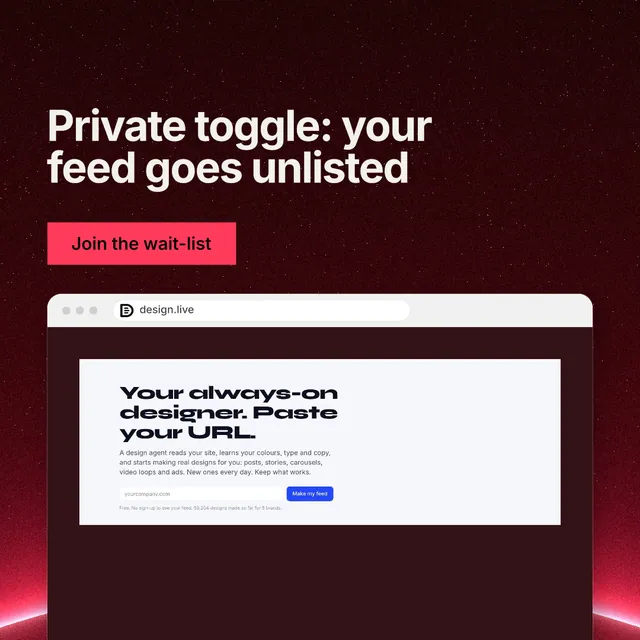 Instagram post for design.live: "Private toggle: your feed goes unlisted". Swiss style, browser layout, dark palette in red, black, white.