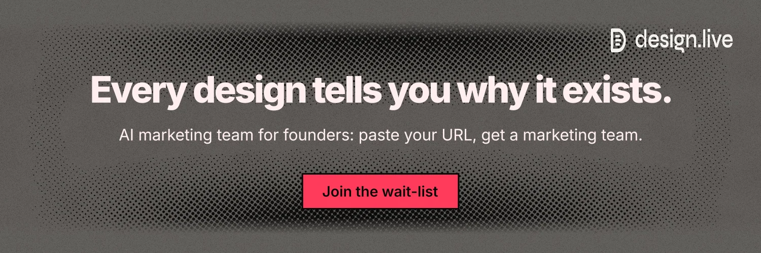 X header for design.live: "Every design tells you why it exists." Ink sticker style, centred layout, dark palette in grey, black.