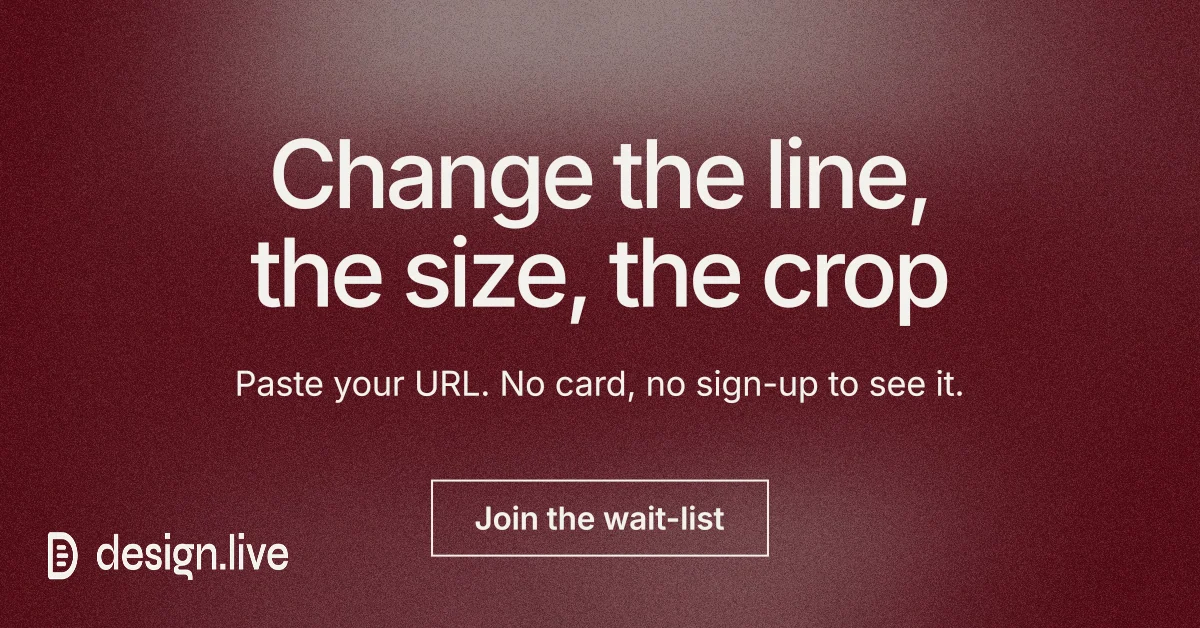 Social ad for design.live: "Change the line, the size, the crop". Cyanotype style, centred layout, dark palette in red, grey.