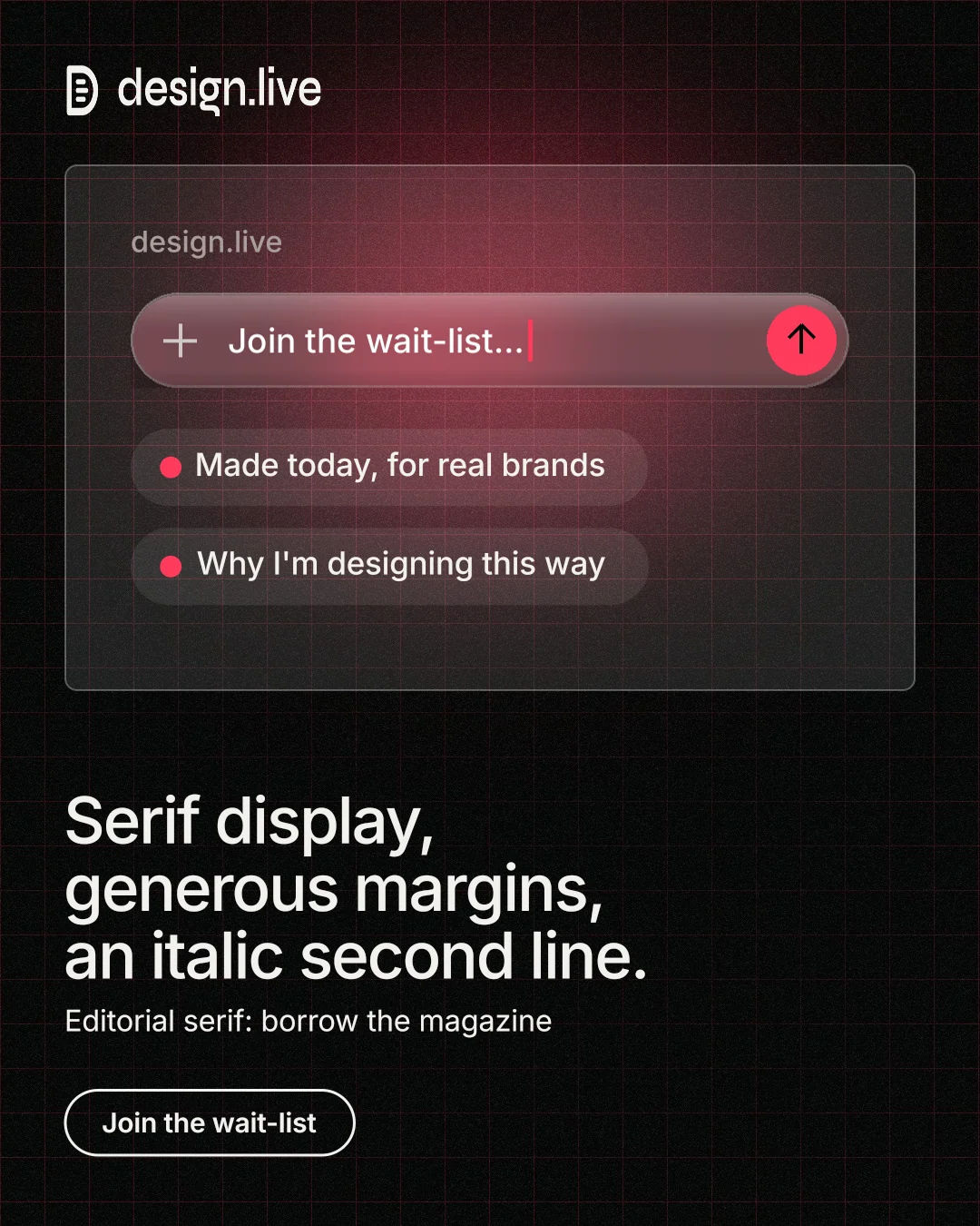 Instagram portrait post for design.live: "Serif display, generous margins, an italic second line." Phosphor atlas style, bottom layout, dark palette in black, red.