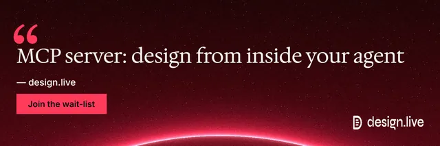 X header for design.live: "MCP server: design from inside your agent". Swiss style, quote layout, dark palette in black, red.