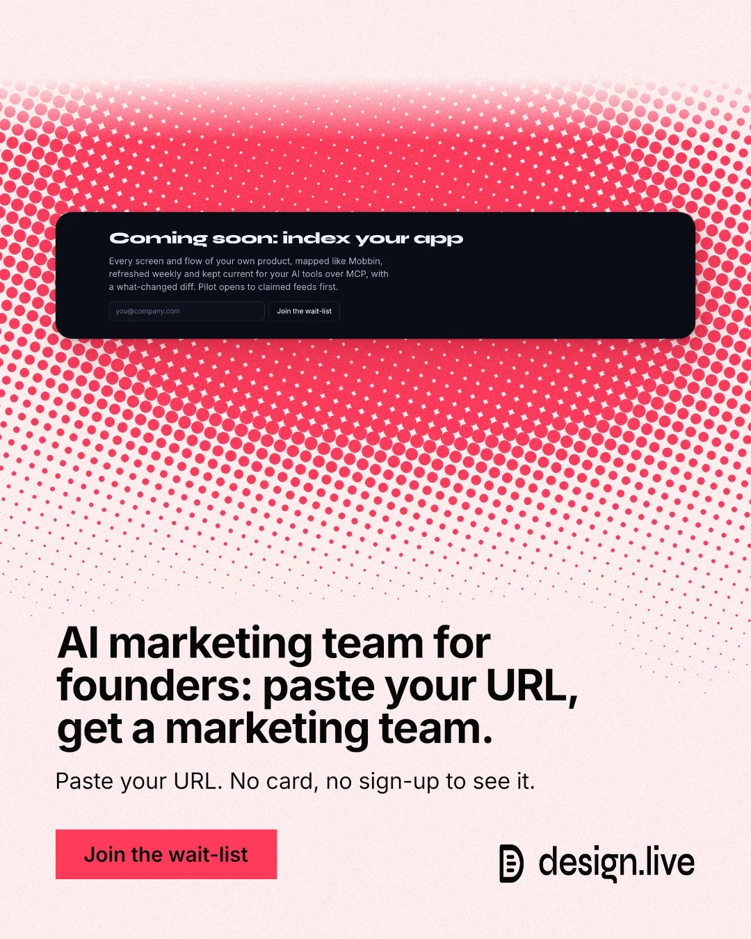 Instagram portrait post for design.live: "AI marketing team for founders: paste your URL, get a marketing team." Swiss style, bottom layout, light palette in red, white.