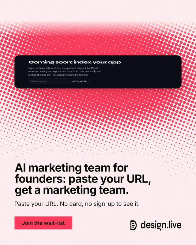 Instagram portrait post for design.live: "AI marketing team for founders: paste your URL, get a marketing team." Swiss style, bottom layout, light palette in red, white.