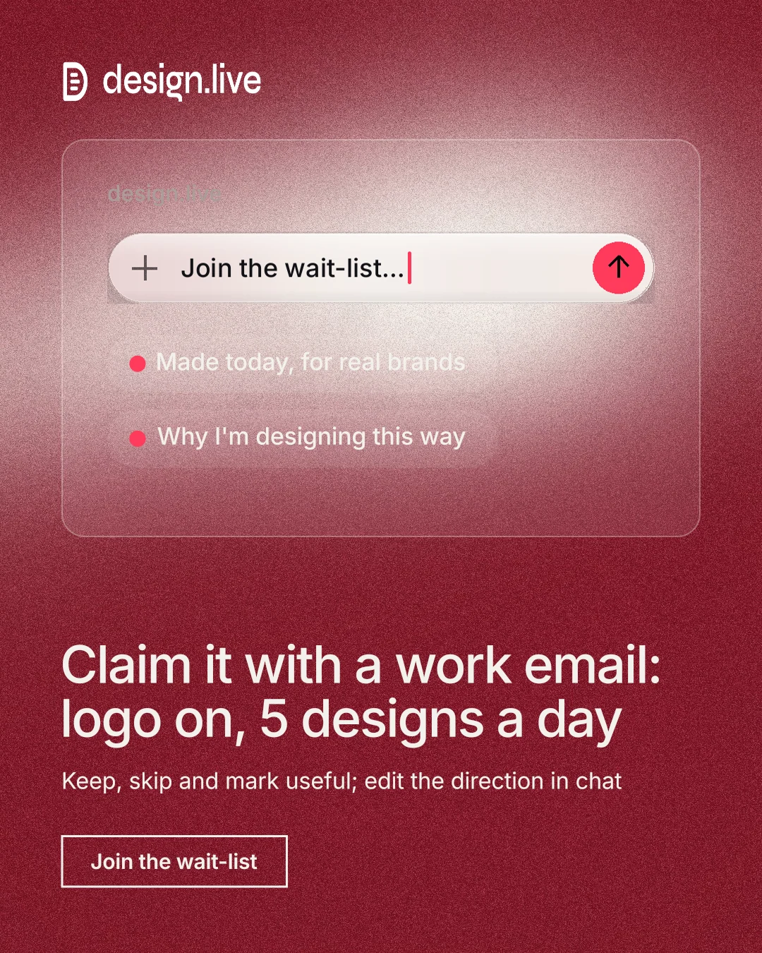 Instagram portrait post for design.live: "Claim it with a work email: logo on, 5 designs a day". Cyanotype style, bottom layout, dark palette in red.