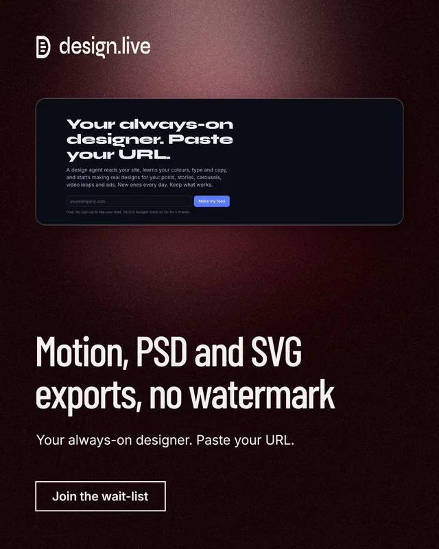 Instagram portrait post for design.live: "Motion, PSD and SVG exports, no watermark". Dark deco style, bottom layout, dark palette in black, grey.