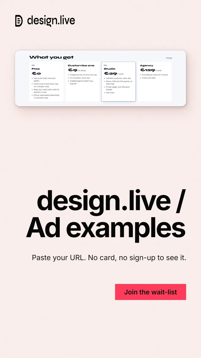 Instagram story for design.live: "design.live / Ad examples". Swiss style, right layout, light palette in white.