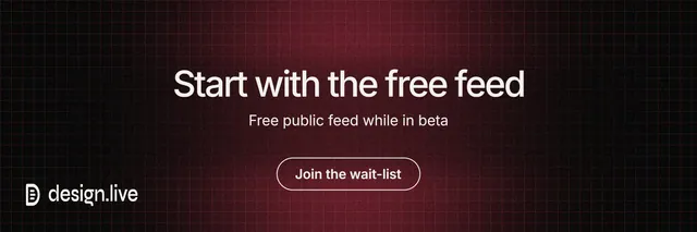 X header for design.live: "Start with the free feed". Phosphor atlas style, centred layout, dark palette in black, red, grey.