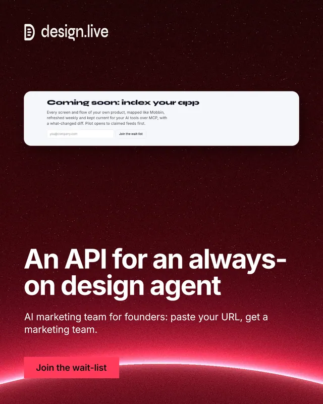 Instagram portrait post for design.live: "An API for an always-on design agent". Swiss style, bottom layout, dark palette in red, black, white.