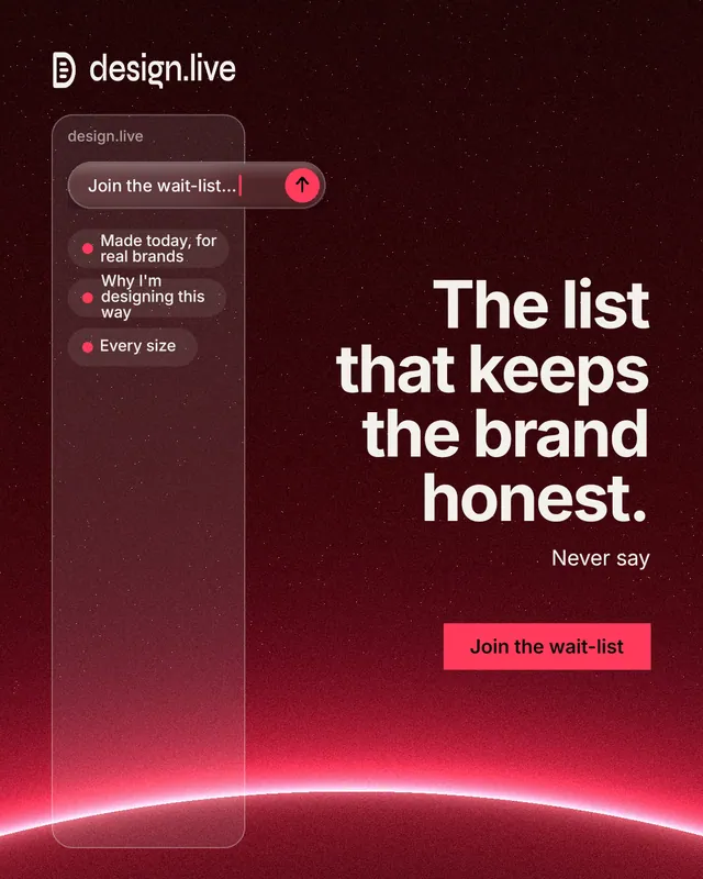 Instagram portrait post for design.live: "The list that keeps the brand honest." Swiss style, right layout, dark palette in red, black.