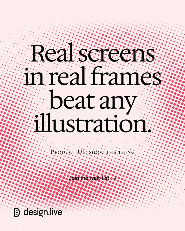 Instagram portrait post for design.live: "Real screens in real frames beat any illustration." Swiss style, smallcaps layout, light palette in red, white.