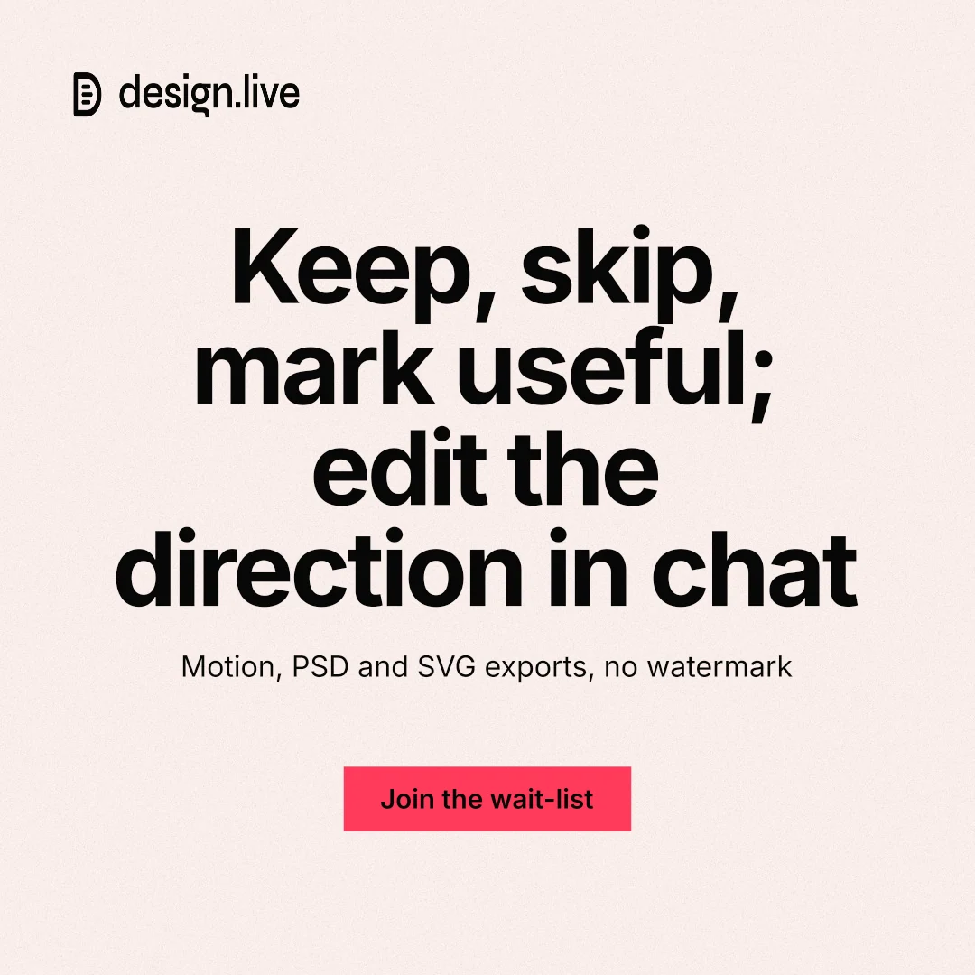Instagram post for design.live: "Keep, skip, mark useful; edit the direction in chat". Swiss style, centred layout, light palette in white, grey.