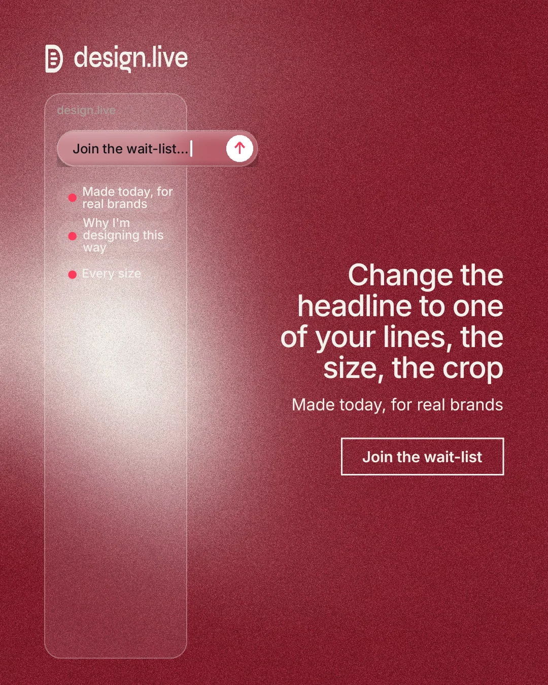 Instagram portrait post for design.live: "Change the headline to one of your lines, the size, the crop". Cyanotype style, right layout, dark palette in red.