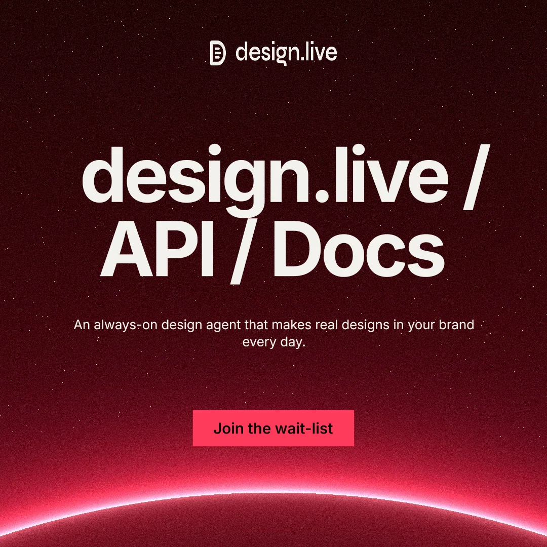 Instagram post for design.live: "design.live / API / Docs". Swiss style, centred layout, dark palette in red, black.