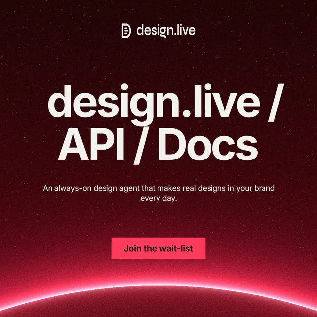 Instagram post for design.live: "design.live / API / Docs". Swiss style, centred layout, dark palette in red, black.