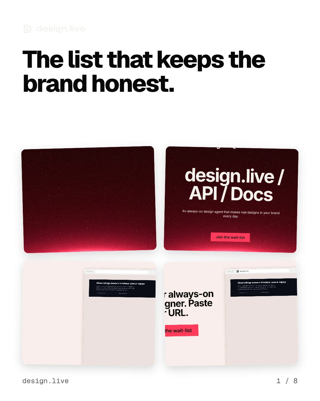 Carousel for design.live: "The list that keeps the brand honest.". Collection carousel, 8 slides, light palette.