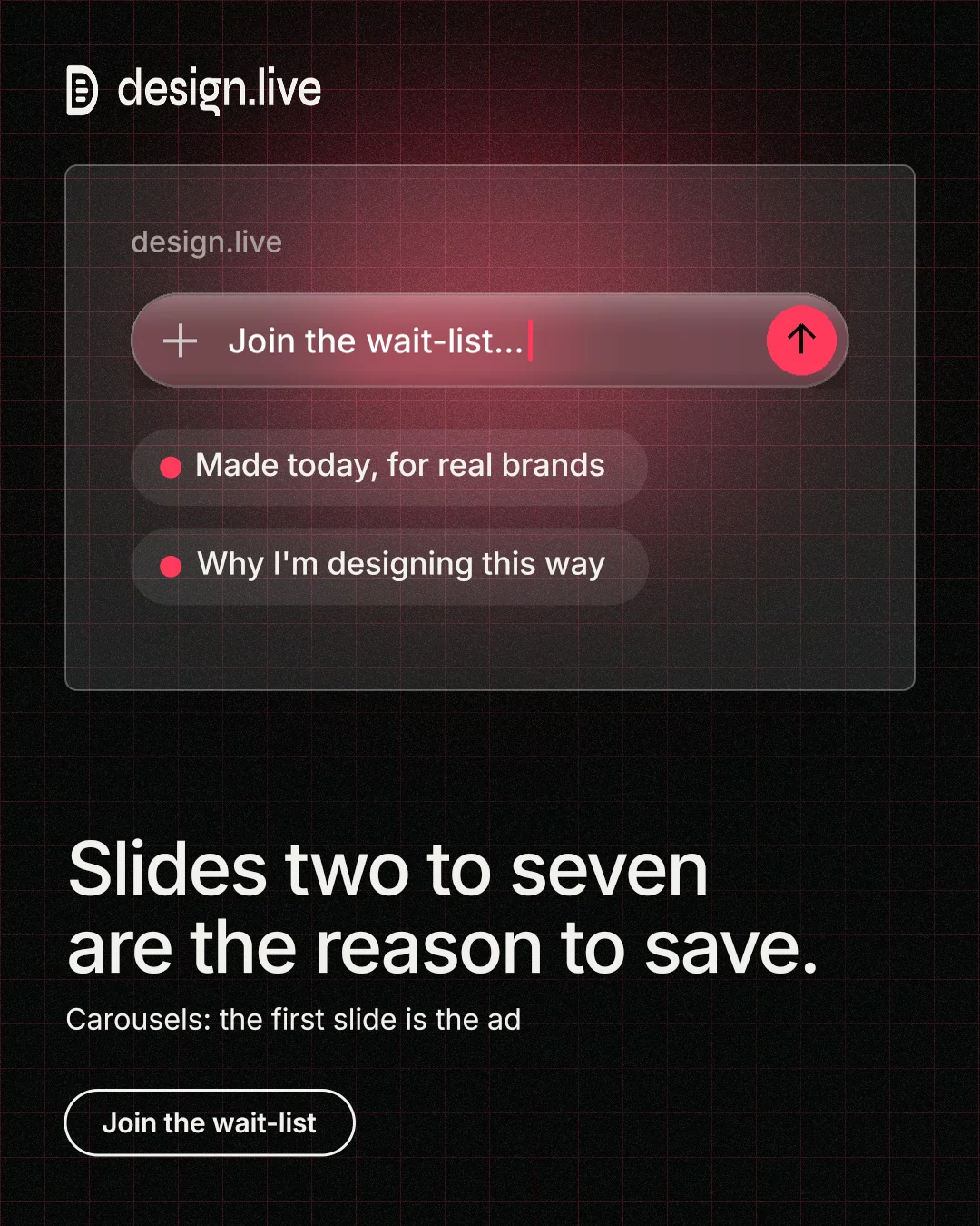 Instagram portrait post for design.live: "Slides two to seven are the reason to save." Phosphor atlas style, bottom layout, dark palette in black, grey.