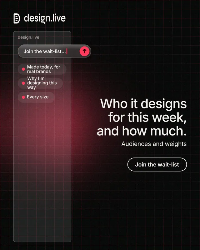 Instagram portrait post for design.live: "Who it designs for this week, and how much." Phosphor atlas style, right layout, dark palette in black, grey.