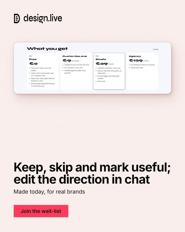 Instagram portrait post for design.live: "Keep, skip and mark useful; edit the direction in chat". Swiss style, bottom layout, light palette in white, grey.