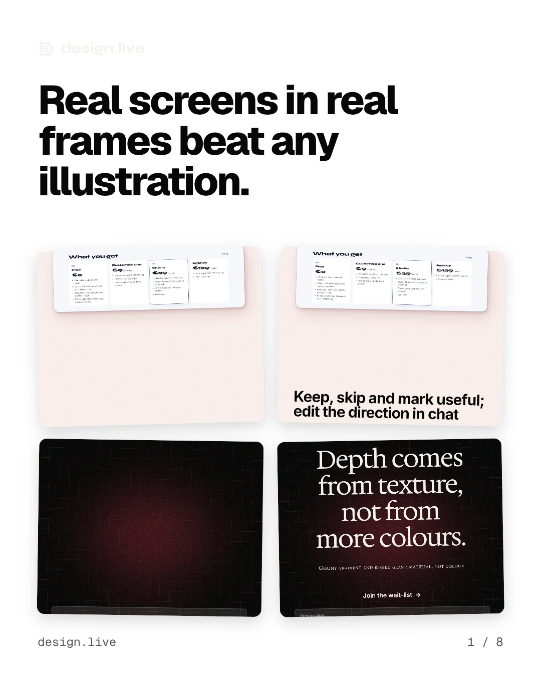 Carousel for design.live: "Real screens in real frames beat any illustration.". Collection carousel, 8 slides, light palette.